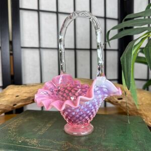 Fenton Glass Cranberry Opalescent Hobnail Glass Basket Pink Ombre
